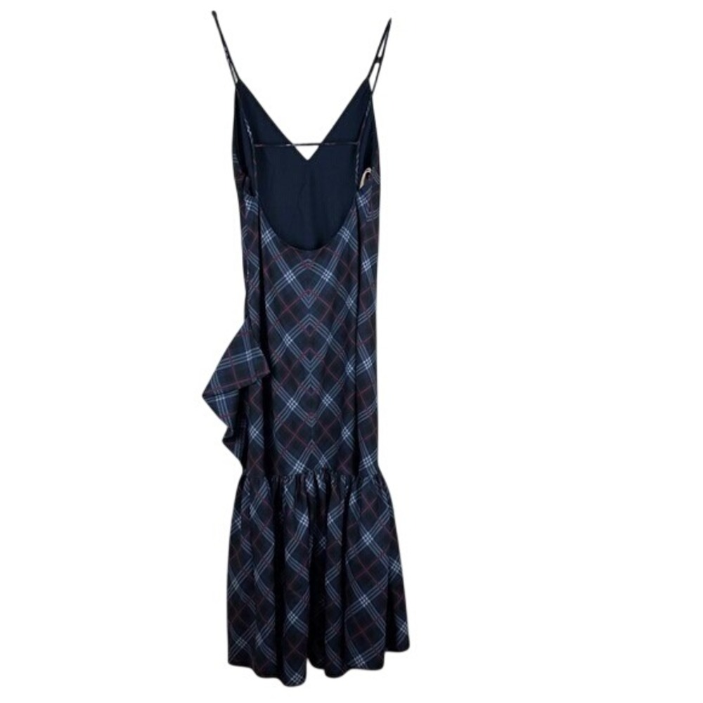 Navy Blue Plaid Asymmetrical Ruffle Hem Midi Slip Dress‎ Spaghetti Strap V-Neck